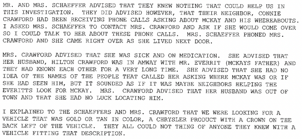 Montgomery County Sheriff's Report outlining interview between investigators and the Schaeffers and Connie Crawford