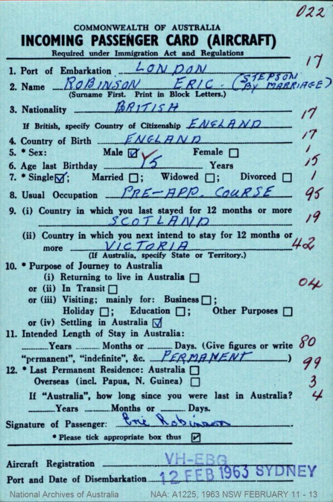 An Australian immigration card for Eric Robinson, age 15
