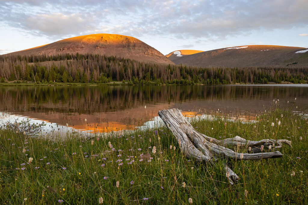 Sunset light on mountains above a calm lake
