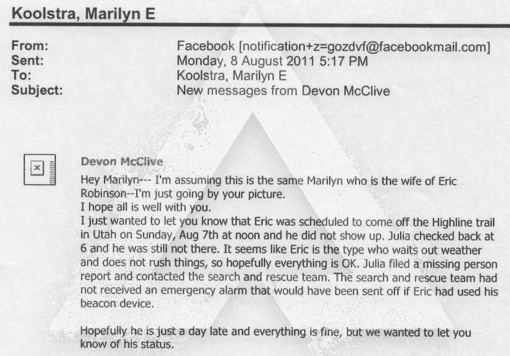Screenshot of a Facebook message from alerting Marilyn Koolstra that her husband Eric Robinson is missing