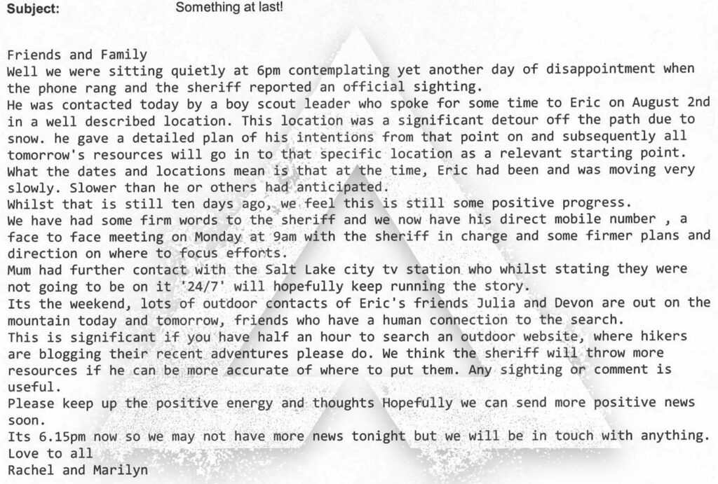 An email message about a sighting of missing Australian trekker Eric Robinson