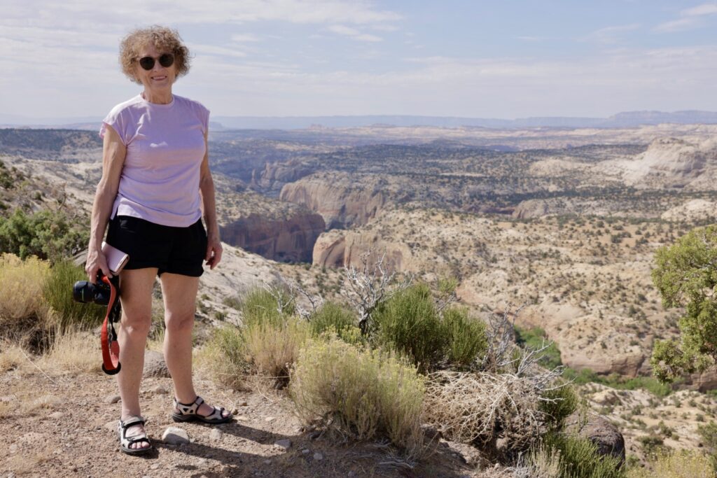 Woman in pink top, holding a camera, stands high above a desert canyon.