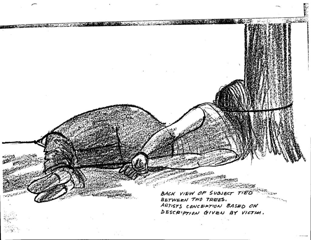 Police sketch of a woman bound to a tree.